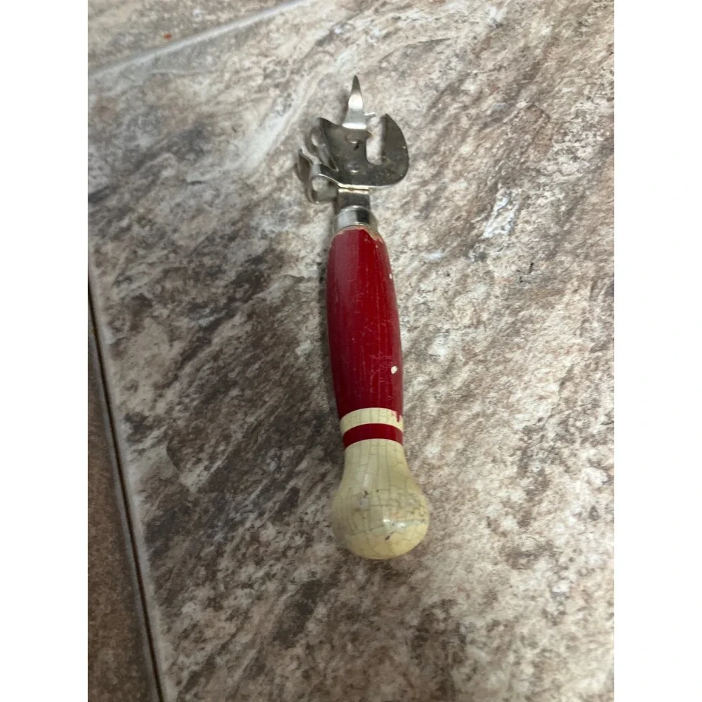 Vintage A&J Can Bottle Opener Red White Wood Bowling Pin Handle Tool Steel USA